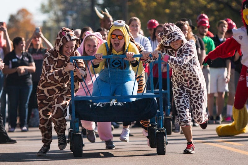 The annual Bed Race took place on Riverside Avenue Oct. 20, 2017, during Homecoming week. Different Ball State organizations teamed up in a group of five to compete against one another in a 100 yard course.&nbsp;