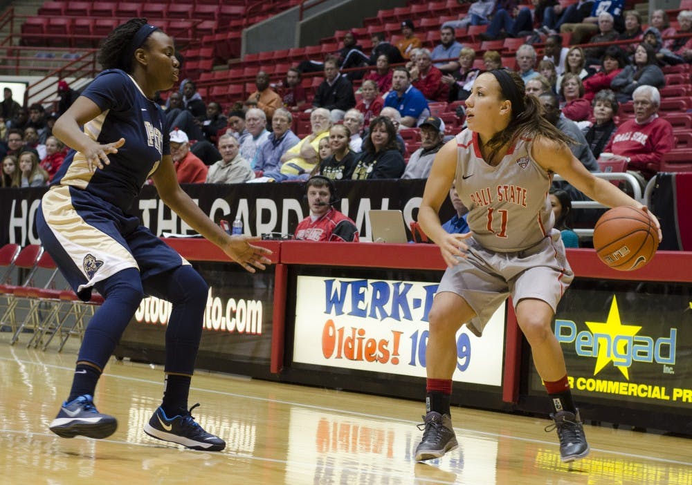Senior guard Brandy Woody keeps the ball away from a Pittsburgh player on Nov. 14 at Worthen Arena. Woody had eight points total. DN PHOTO BREANNA DAUGHERTY 