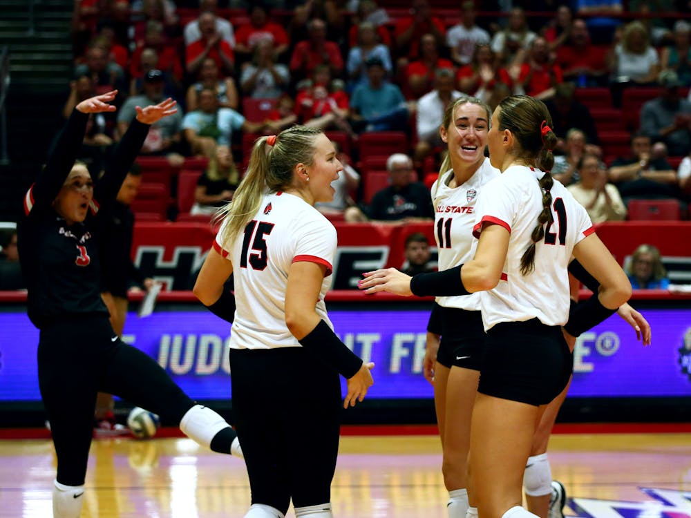 Ball State women&#x27;s volleyball team celebrates scoring a point against The University of Oklahoma Aug. 26 at Worthen Arena. The cardinals lost 3-1 against the Sonners. Mya Cataline, DN