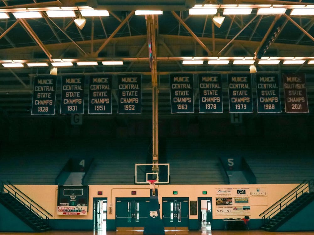 Eight banners hang above the Muncie Fieldhouse commemorating the Bearcats' state championships in boys' basketball, as pictured Sunday, April 7. Muncie Southside's 2001 state championship banner is also hung. Kyle Smedley, DN