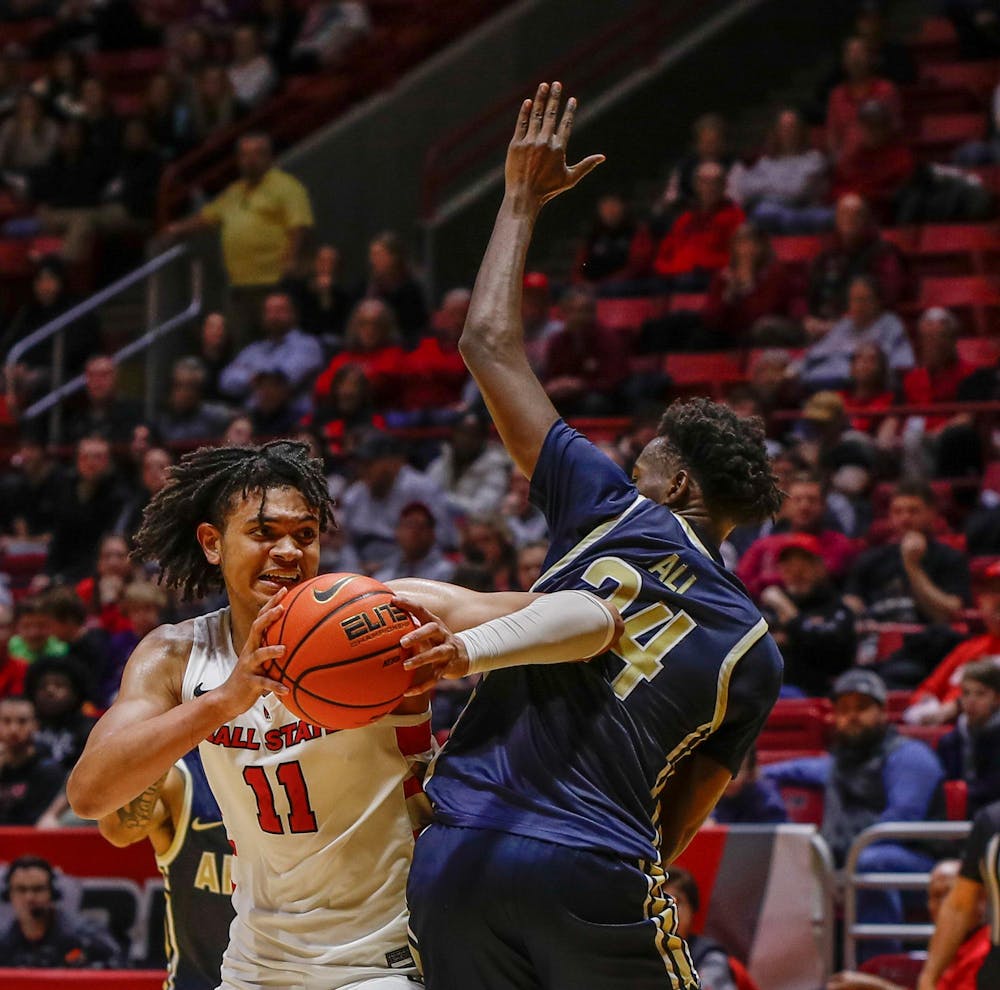 <p>Junior forward Basheer Jihad fights to push through a defender Jan. 9 against Akron at Worthen Arena. Jihad made 9 field goals. Andrew Berger, DN </p><p><br></p>