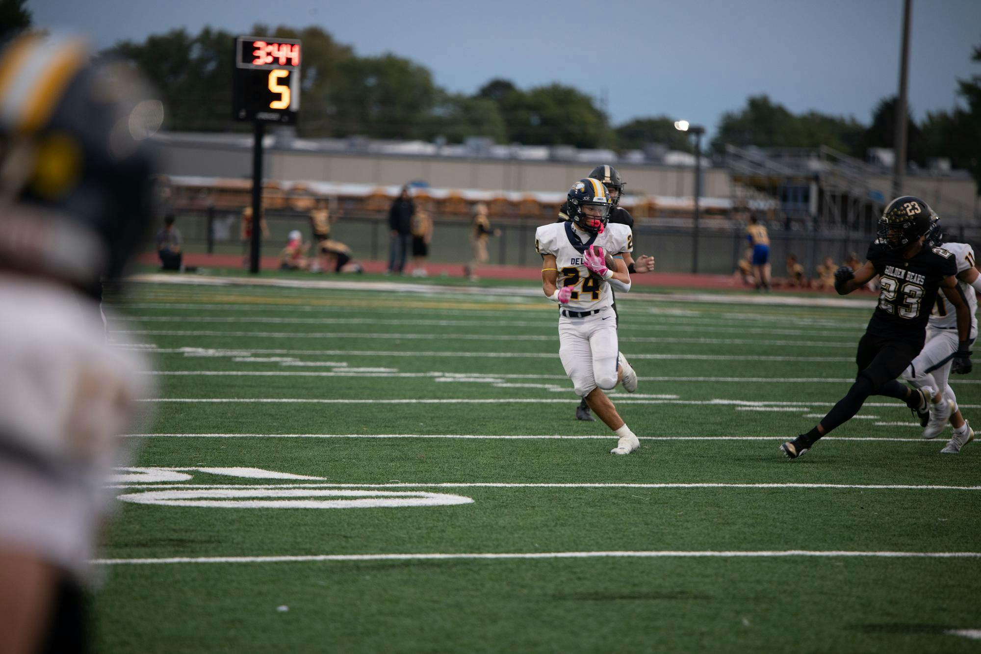 Running back Avon Thomas breaks into open field for a first down. Avon rushed for 142 yards in 24 attempts in the victory over Shelbyville.
