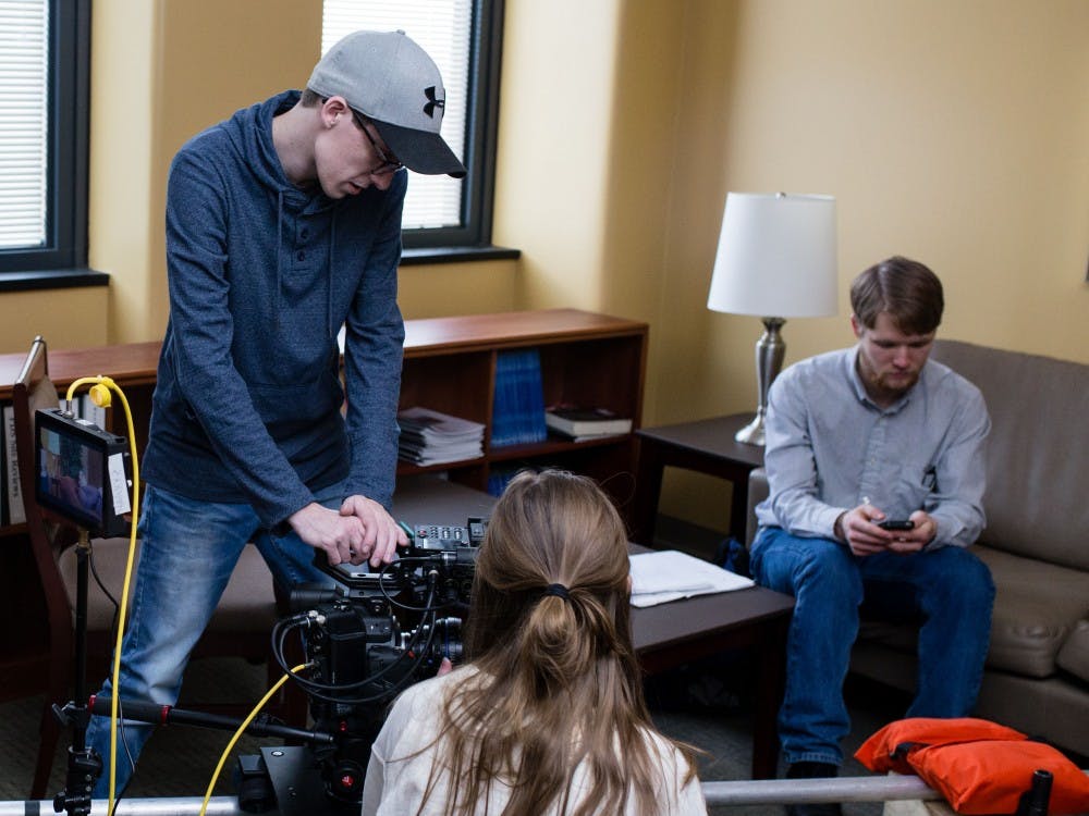 Students work on producing the short film, "Fairy," which will air on WIPB. Pictured is left Hayden Goldsworthy, middle Marissa Anderson and director Elijah Brand. Allison Griffith, Photo Provided