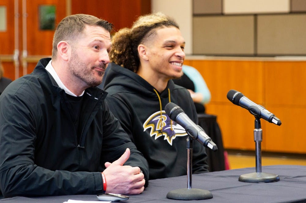 Willie Snead IV, Baltimore Ravens wide receiver and Ball State alumnus, listens as members of the Board of Trustees speak at the Board of Trustees meeting March 29, 2019, in the ballroom of the L. A. Pittenger Student Center. Snead said coming back to Ball State "feels like home." Jacob Musselman, DN