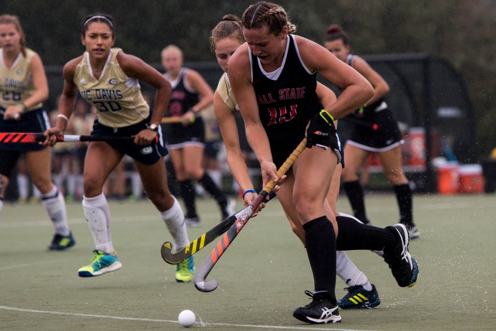 <p>Junior back Hannah Bohn pushes the ball toward UC Davis’ goal Sept. 24, 2018, at Briner Sports Complex. Ball State suffered their eighth loss of the season to UC Davis. <strong>Eric Pritchett, DN File</strong></p>