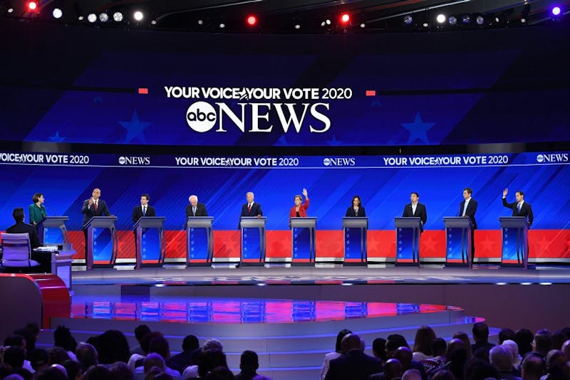 Democratic presidential hopefuls (L-R) Senator of Minnesota Amy Klobuchar, Senator of New Jersey Cory Booker, Mayor of South Bend, Indiana, Pete Buttigieg, Senator of Vermont Bernie Sanders, Former Vice President Joe Biden, Senator of Massachusetts Elizabeth Warren, Senator of California Kamala Harris, Tech entrepreneur Andrew Yang, Former Representative of Texas Beto O'Rourke and Former housing secretary Julian Castro speak during the third Democratic primary debate of the 2020 presidential campaign season hosted by ABC News in partnership with Univision at Texas Southern University in Houston, Texas on September 12, 2019. (Robyn Beck/AFP/Getty Images/TNS)