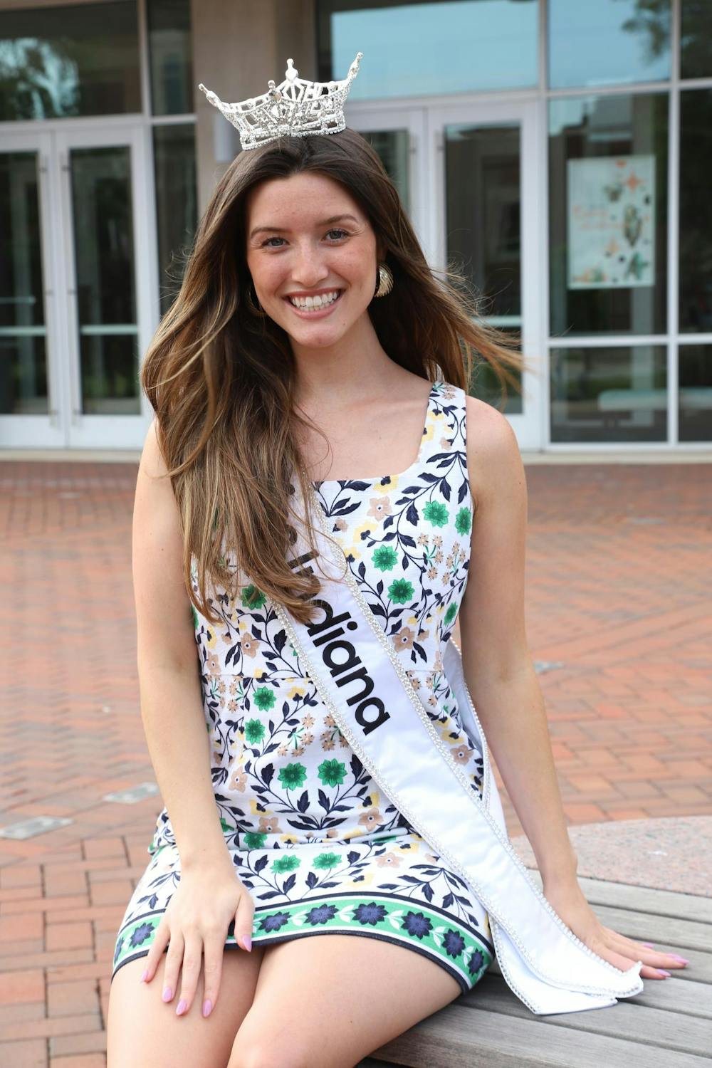 2024 Miss Indiana Kalyn Melham poses for a photo outside of Emen’s Auditorium Aug 7. Melham is a Ball State alumna with both a bachelor's and master's degree from the university. Olivia Ground, DN