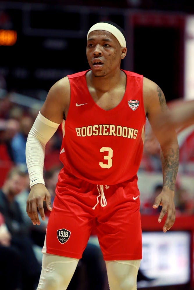 Redshirt junior Josh Thompson watches the ball at the John E. Worthen Arena Feb. 23, 2019. The Cardinals wore throwback Hoosieroons uniforms to celebrate the Ball State Centennial. Jacob Haberstroh,DN