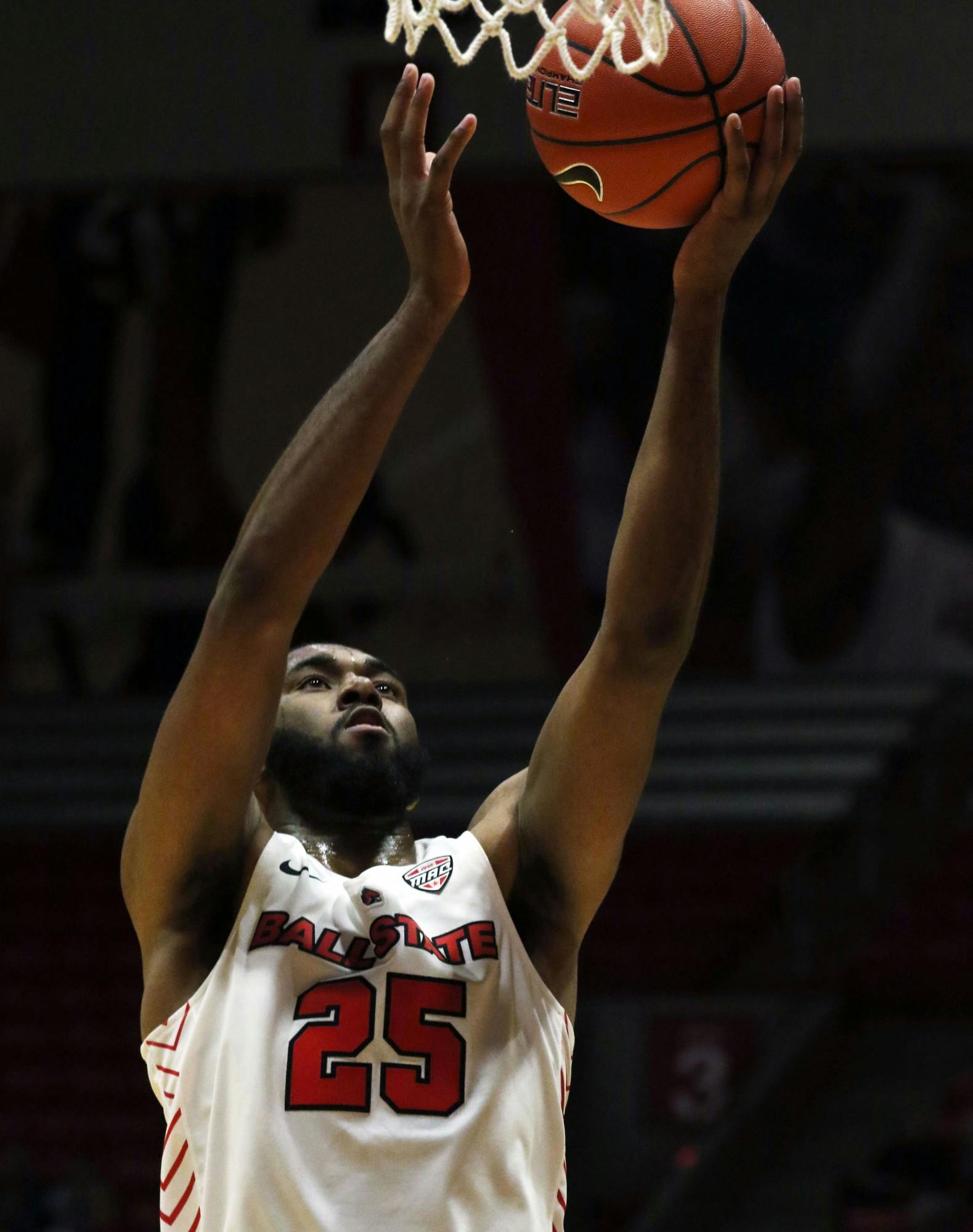 Ball State redshirt senior forward Tahjai Teague goes for a layup during the Cardinals' game against Defiance Tuesday, Nov. 5, 2019 at John E. Worthen Arena. Teague scored 11 points. Paige Grider, DN