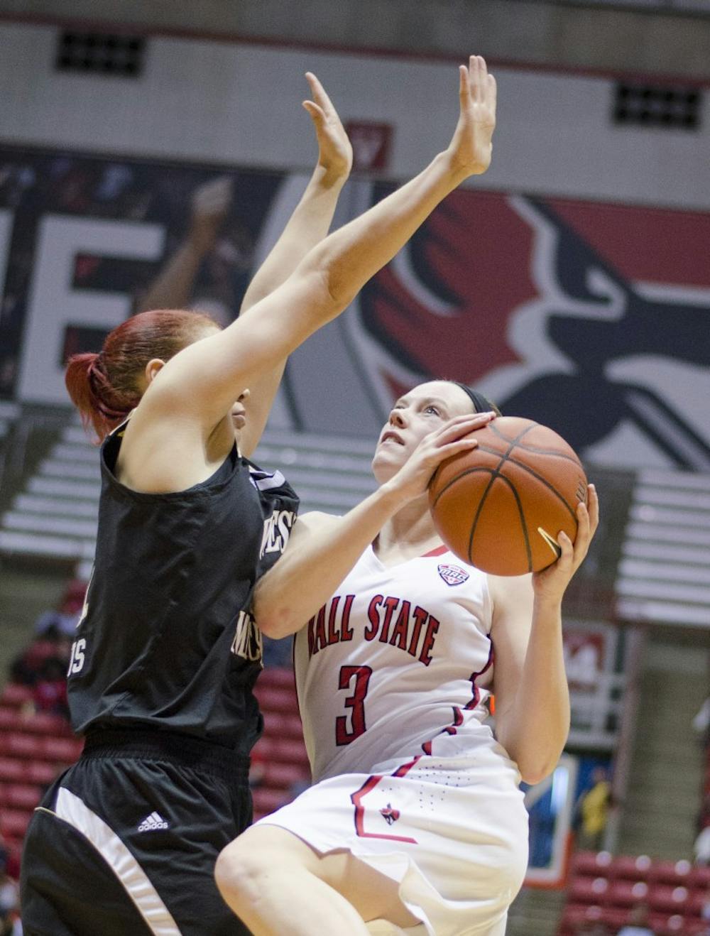 Senior guard Shelbie Justice goes up for a lay-up during the game against Western Michigan on Jan. 10 at Worthen Arena. DN PHOTO BREANNA DAUGHERTY