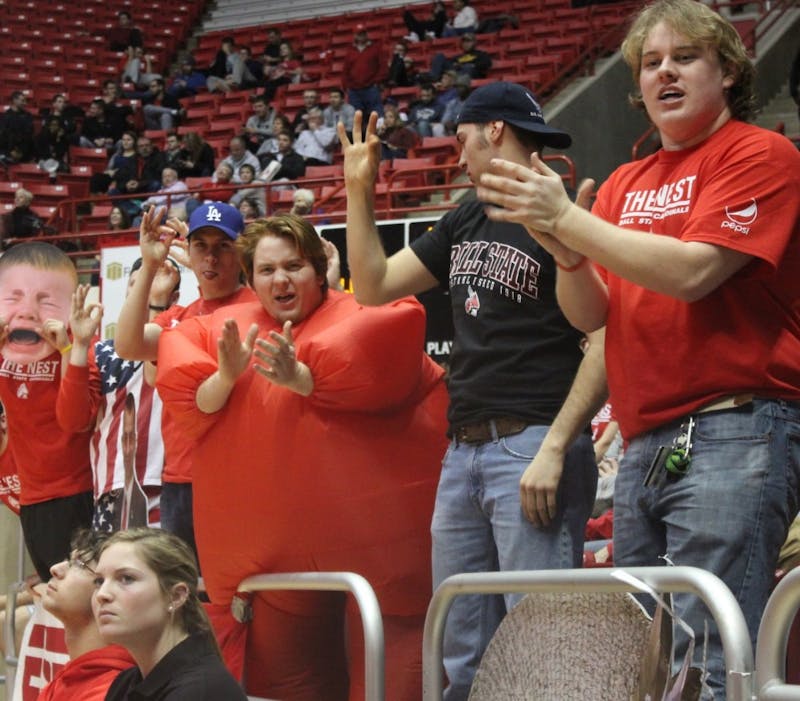 Ball State students cheer on the men's basketball team during the game against Kent State on Jan. 19 at Worthen Arena. DN PHOTO PATRICK MURPHY