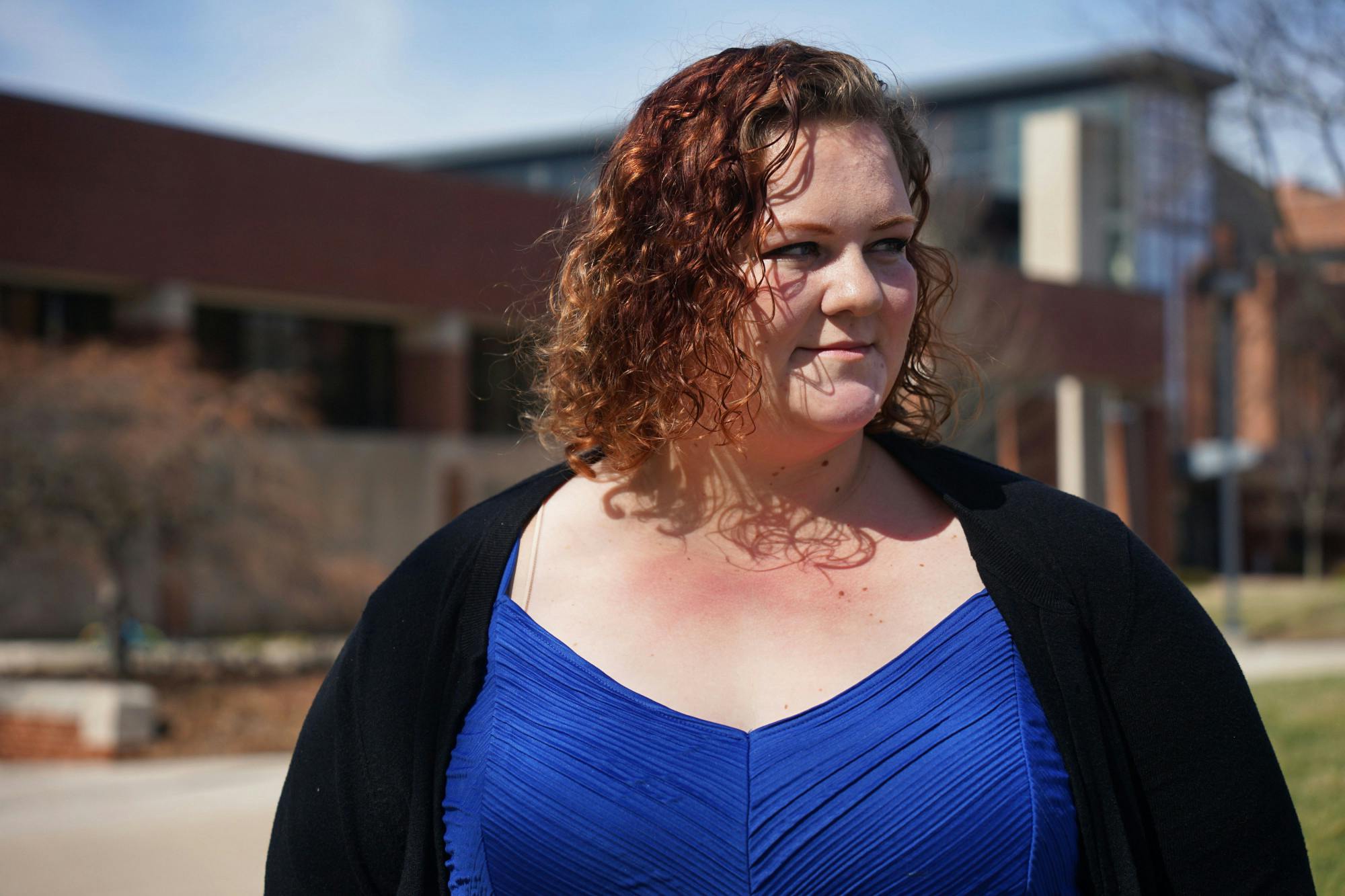 Graduate student social work major Emme Woodward poses for a photo outside of the David Letterman Communication and Media building March 1. Kate Farr, DN