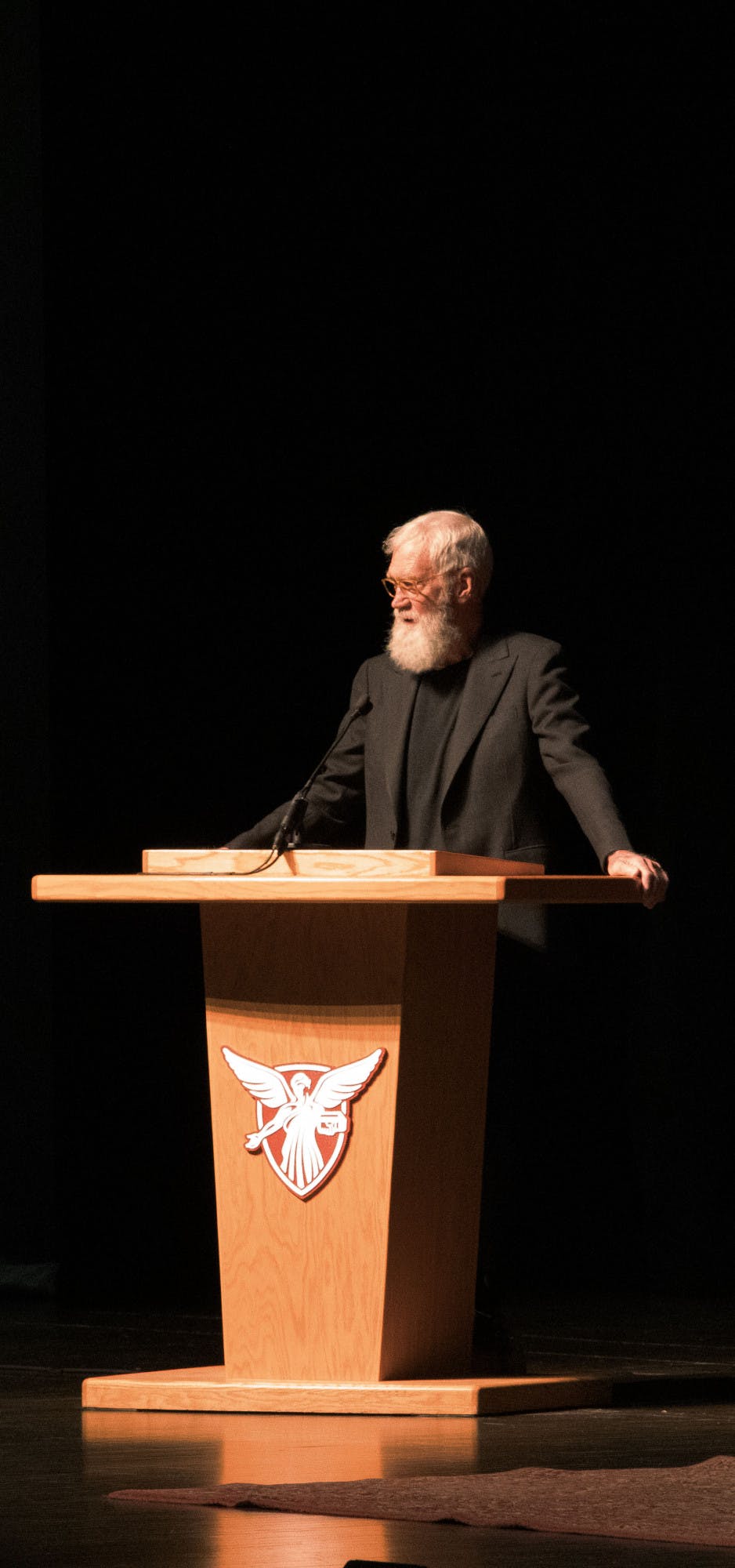 Ball State Alumni David Letterman speaks to the audience of the premiere of ﻿&quot;Clear Reception,&quot; a student produced documentary in Emens Auditorium on May 1, 2023. Letterman was featured in the documentary and lead a pannel discussion with guests at the premiere. Olivia Ground, DN