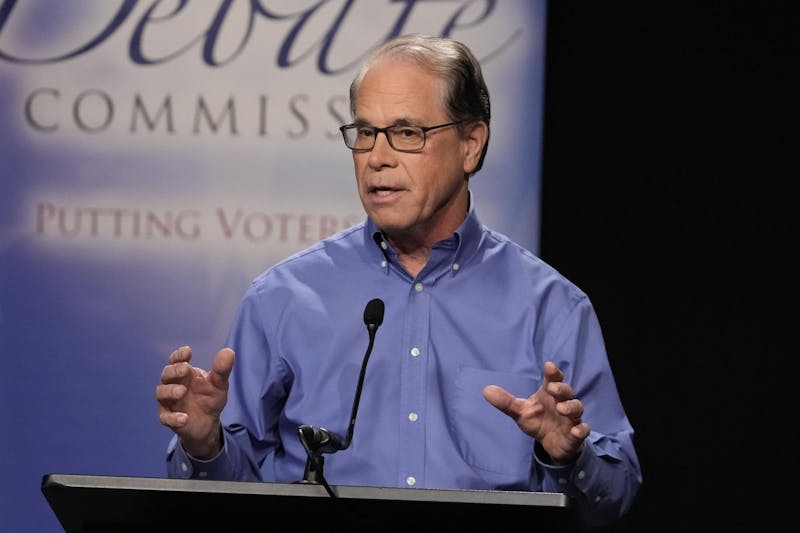 Republican candidate Sen. Mike Braun, R-Ind., speaks during a debate for Indiana governor hosted by the Indiana Debate Commission at WFYI, Thursday, Oct. 24, 2024, in Indianapolis. (AP Photo/Darron Cummings, Pool) 