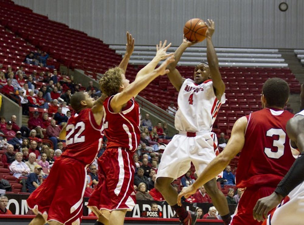 Senior guard Jauwan Scaife jumps to make a basket during the game against South Dakota on Dec. 8 in Worthen Arena. The men’s basketball team will take on Eastern Michigan in Ypsilanti, Mich., today. DN FILE PHOTO EMMA FLYNN