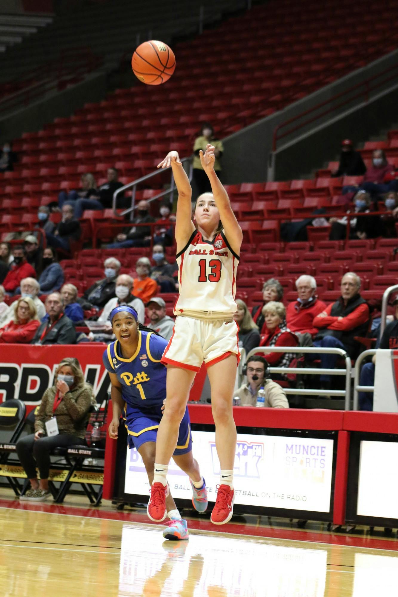 Ball State sophomore Ivet Subirats takes a shot from behind the three point-line at Worthern Arena Dec. 4. The Cardinals lost 54-64 against the University of Pittsburgh. Eli Houser, DN