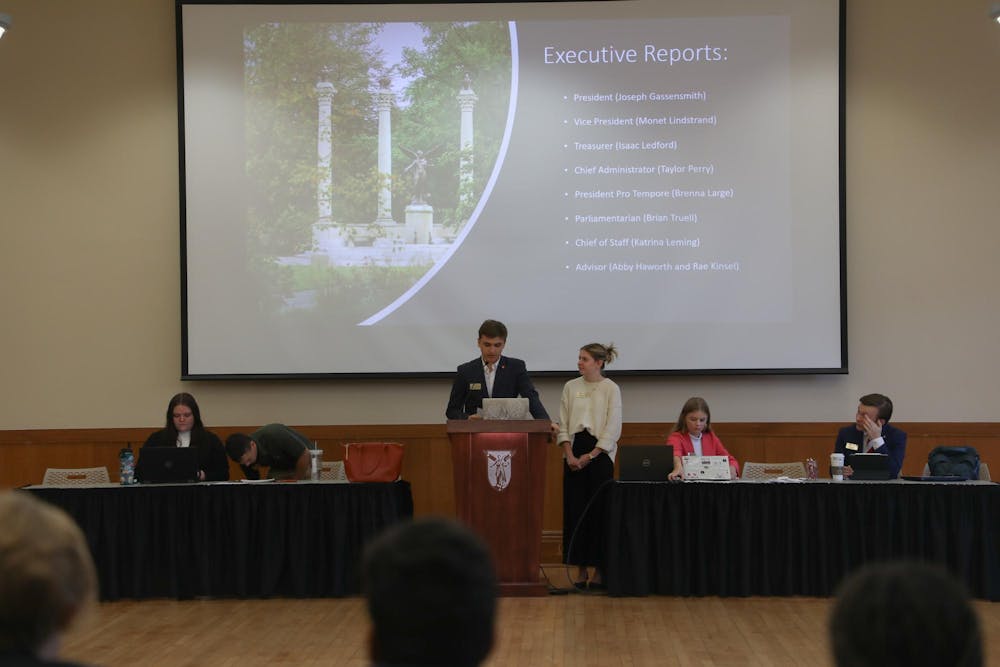 Student Government Association (SGA) President Joseph Gassensmith gives his executive report in the L.A. Pittenger Student Center Ballroom on September 13. This was Gassensmith's first time addressing the Senate. Madelyn Bracken, DN