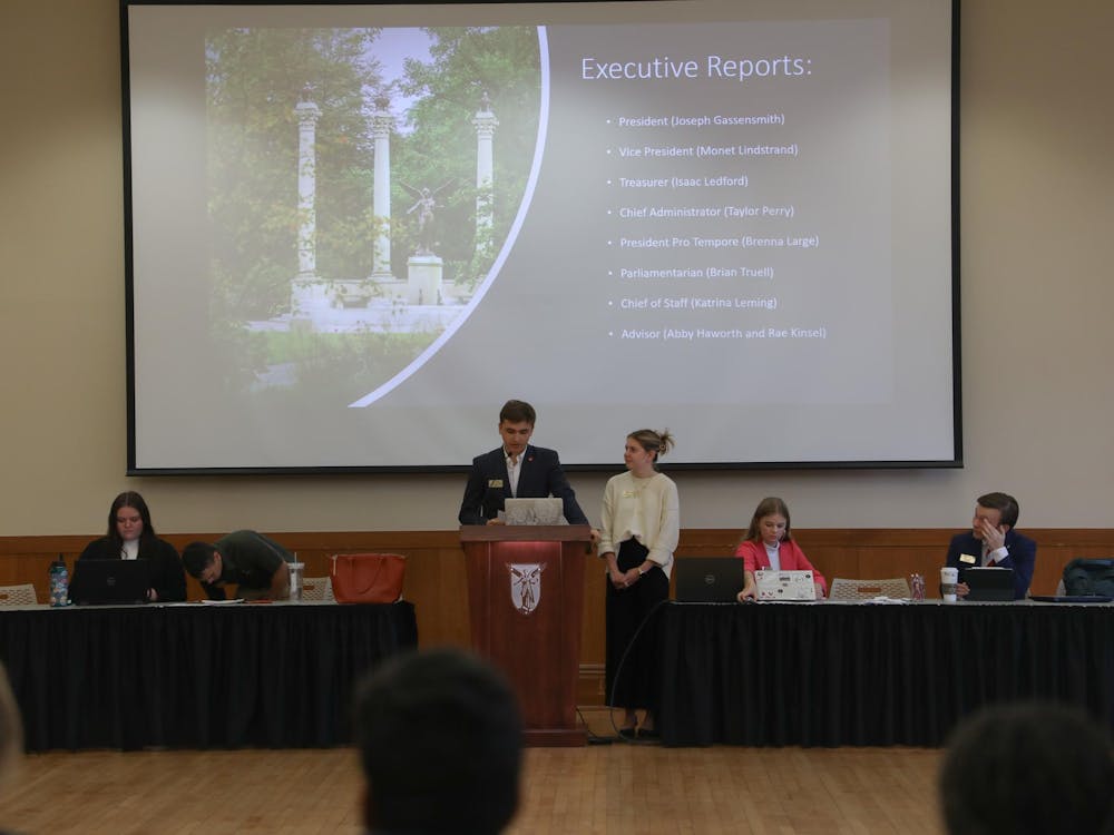 Student Government Association (SGA) President Joseph Gassensmith gives his executive report in the L.A. Pittenger Student Center Ballroom on September 13. This was Gassensmith's first time addressing the Senate. Madelyn Bracken, DN
