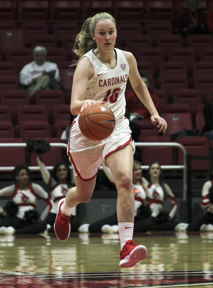 Ball State freshman forward Thelma Dis Agustsdottir brings the ball down the court during the Cardinals' game against Cleveland State University's Nov. 11, 2018 in John E. Worthen Arena. Dis Agustsdottir scored 11 points. Paige Grider, DN