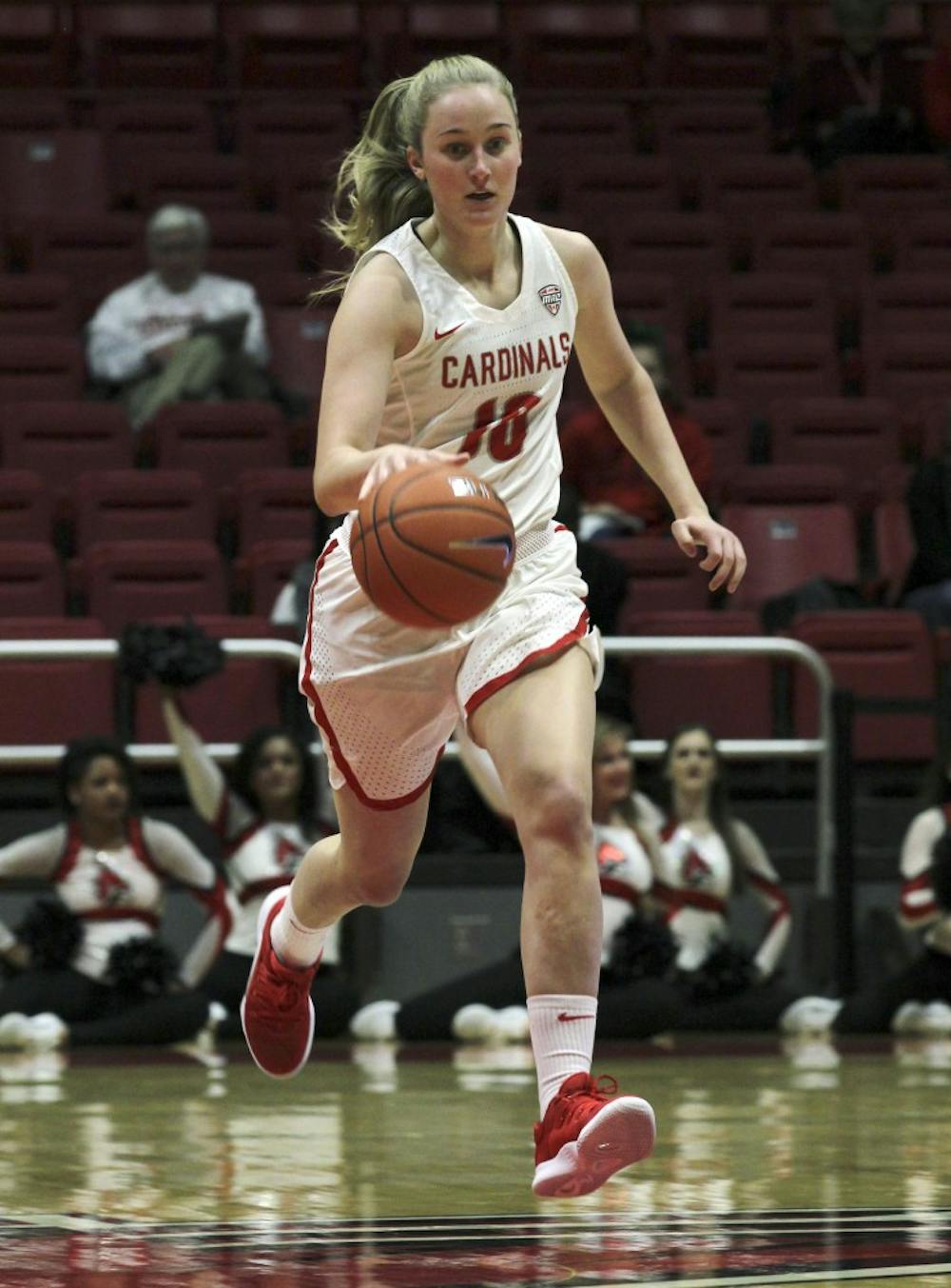 <p>Ball State freshman forward Thelma Dis Agustsdottir brings the ball down the court during the Cardinals' game against Cleveland State University's Nov. 11, 2018 in John E. Worthen Arena. Dis Agustsdottir scored 11 points. <strong>Paige Grider, DN</strong></p>