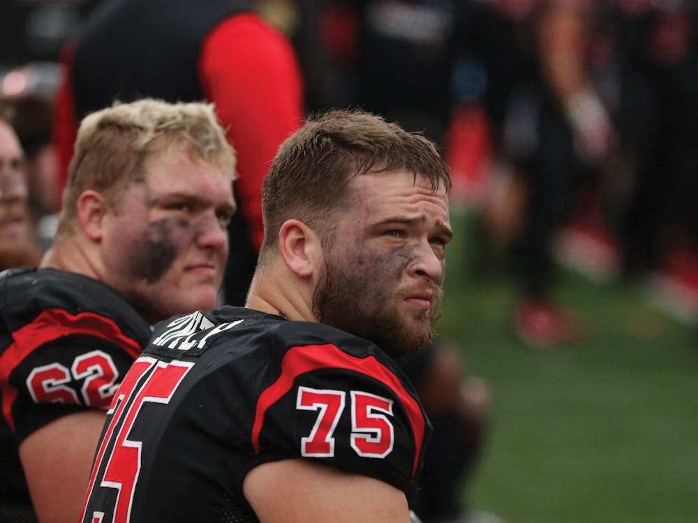 Danny Pinter, former Ball State offensive lineman and NFL draft prospect, sits on the sideline of the Senior Day game against Miami (Ohio) Nov. 28, 2019, at Scheumann Stadium. Pinter partnered with the Boys and Girls Clubs of Muncie to donate money for each rep he completed during the bench press test at the NFL combine. Pinter put up 24 reps and raised a total of $2,160. Jacob Musselman, DN