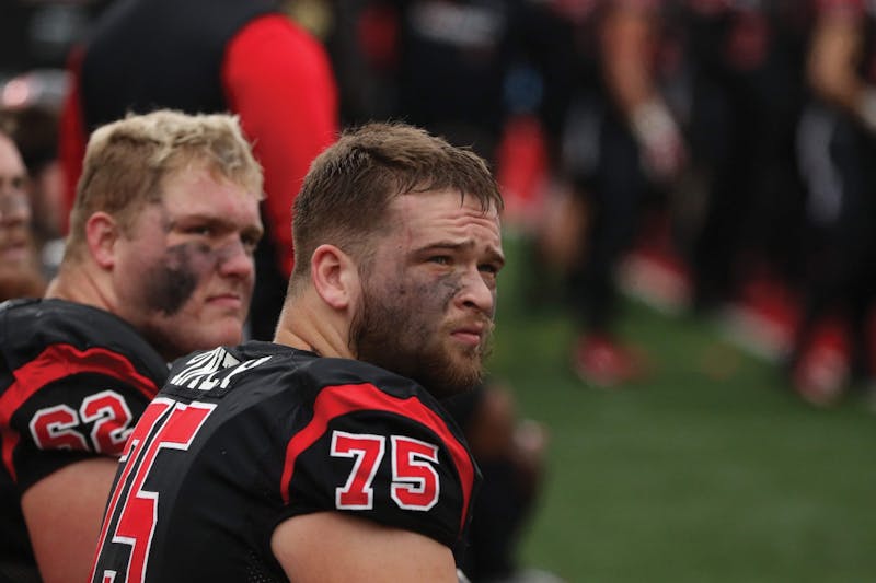 Danny Pinter, former Ball State offensive lineman and NFL draft prospect, sits on the sideline of the Senior Day game against Miami (Ohio) Nov. 28, 2019, at Scheumann Stadium. Pinter partnered with the Boys and Girls Clubs of Muncie to donate money for each rep he completed during the bench press test at the NFL combine. Pinter put up 24 reps and raised a total of $2,160. Jacob Musselman, DN