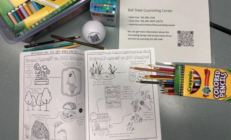 Coloring pages and pencils sit inside the Counseling Center’s relaxation room, where students can unwind between classes.