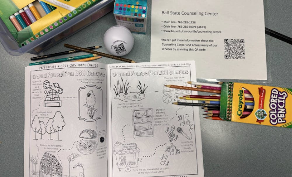 Coloring pages and pencils sit inside the Counseling Center’s relaxation room, where students can unwind between classes.