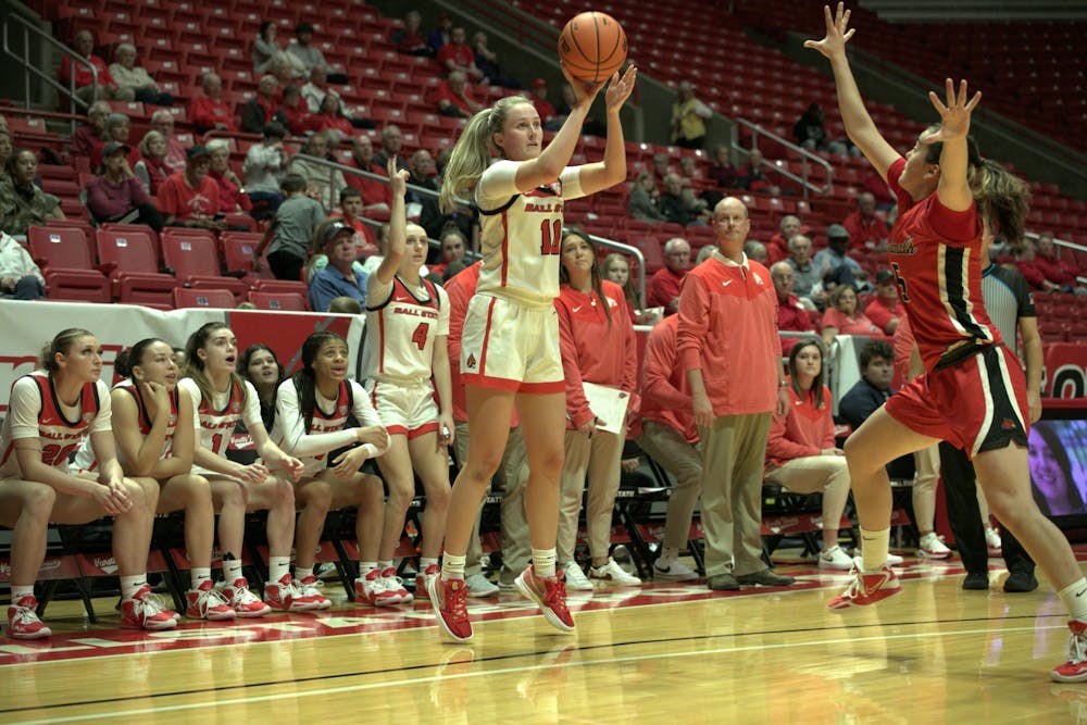 Graduate student forward Thelma Dis Agustsdottir shoots a three-pointer in the game against Wheeling Nov. 1 at Worthen Arena. Brayden Goins, DN