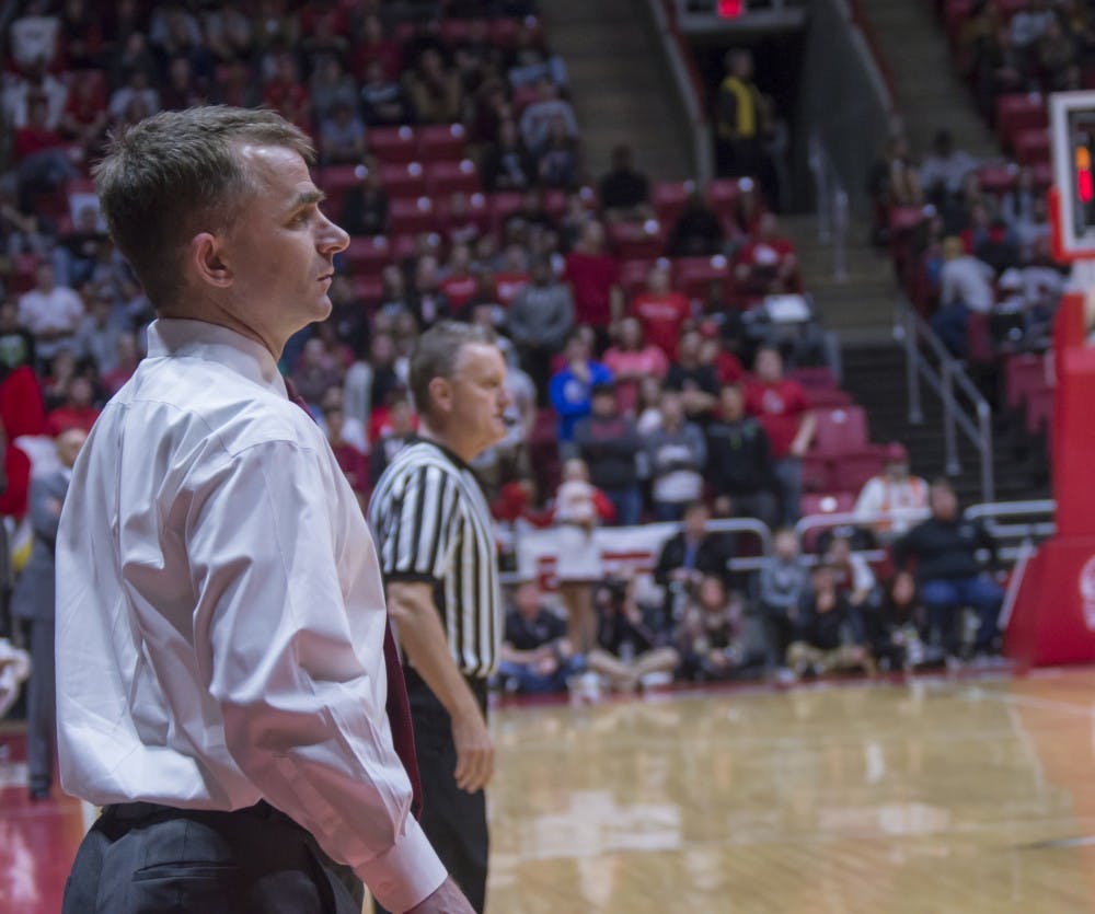 <p>Ball State head coach James Whitford watches the players during the game against Miami on Jan. 10 in Worthen Arena. The Cardinals won 85-74. Teri Lightning Jr., DN</p>