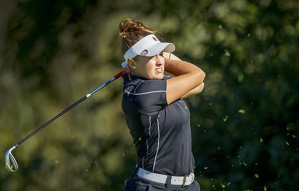 <p>Ball State golfer Kelsey Shear hits a shot earlier this season. Sear won the individual title at the Bulldog Florida Invitational March 9-10, and Ball State took home the team title as well. <em>PHOTO PROVIDED BY BALL STATE ATHLETICS</em></p>