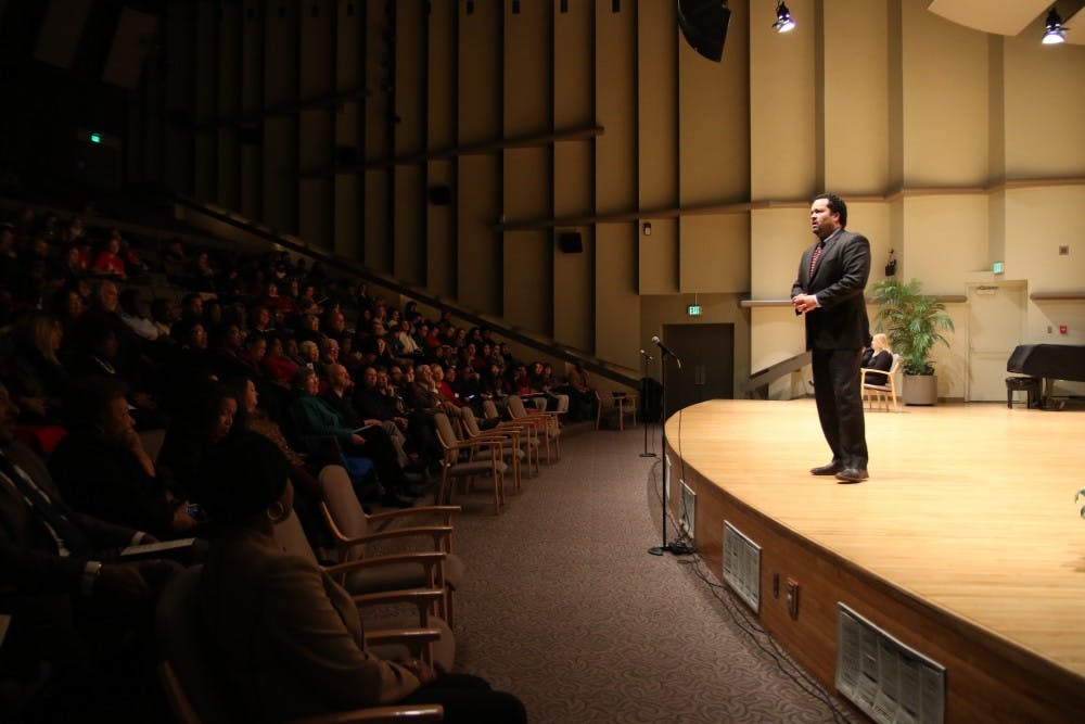 Benjamin Todd Jealous, a former NAACP president and CEO, spoke to an audience on Jan. 20 at Pruis Hall for Unity Week. Jealous discussed race and, what he considers "truths," regarding social construct and&nbsp;realizing how old and bigger it is than we think. DN PHOTO REAGAN ALLEN