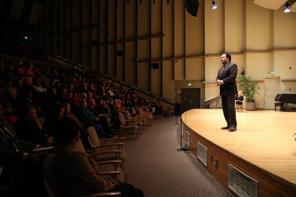 <p>Benjamin Todd Jealous, a former NAACP president and CEO, spoke to an audience on Jan. 20 at Pruis Hall for Unity Week. Jealous discussed race and, what he considers "truths," regarding social construct and&nbsp;realizing how old and bigger it is than we think. <em>DN PHOTO REAGAN ALLEN</em></p>