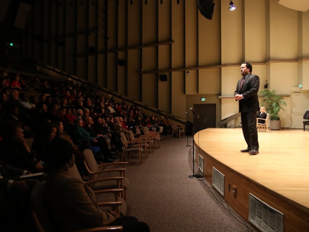 Benjamin Todd Jealous, a former NAACP president and CEO, spoke to an audience on Jan. 20 at Pruis Hall for Unity Week. Jealous discussed race and, what he considers "truths," regarding social construct and&nbsp;realizing how old and bigger it is than we think. DN PHOTO REAGAN ALLEN