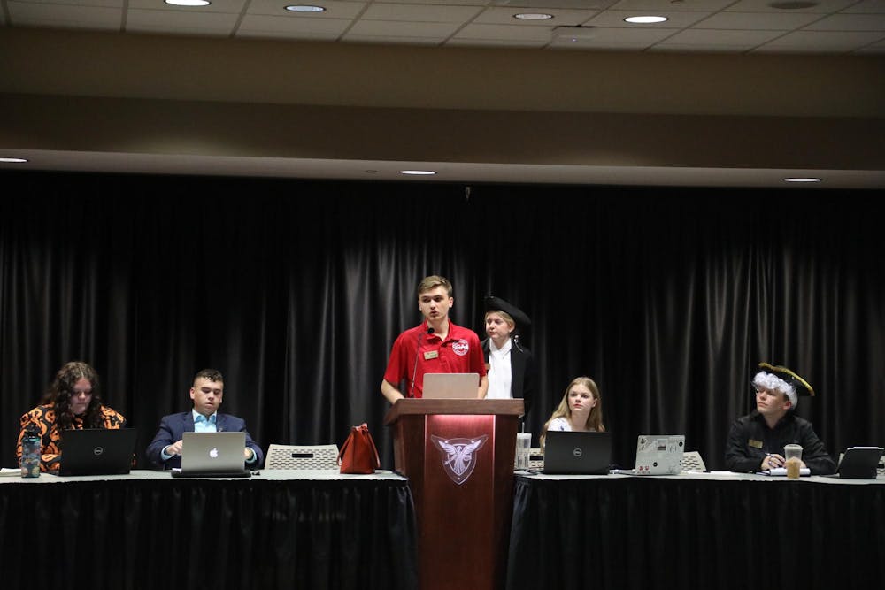 Ball State Student Government Association President Joseph Gassensmith gives his executive report in the L.A. Pittenger Student Center's Cardinal Hall B. He gave an update on their disability awareness platform points. Madelyn Bracken, DN