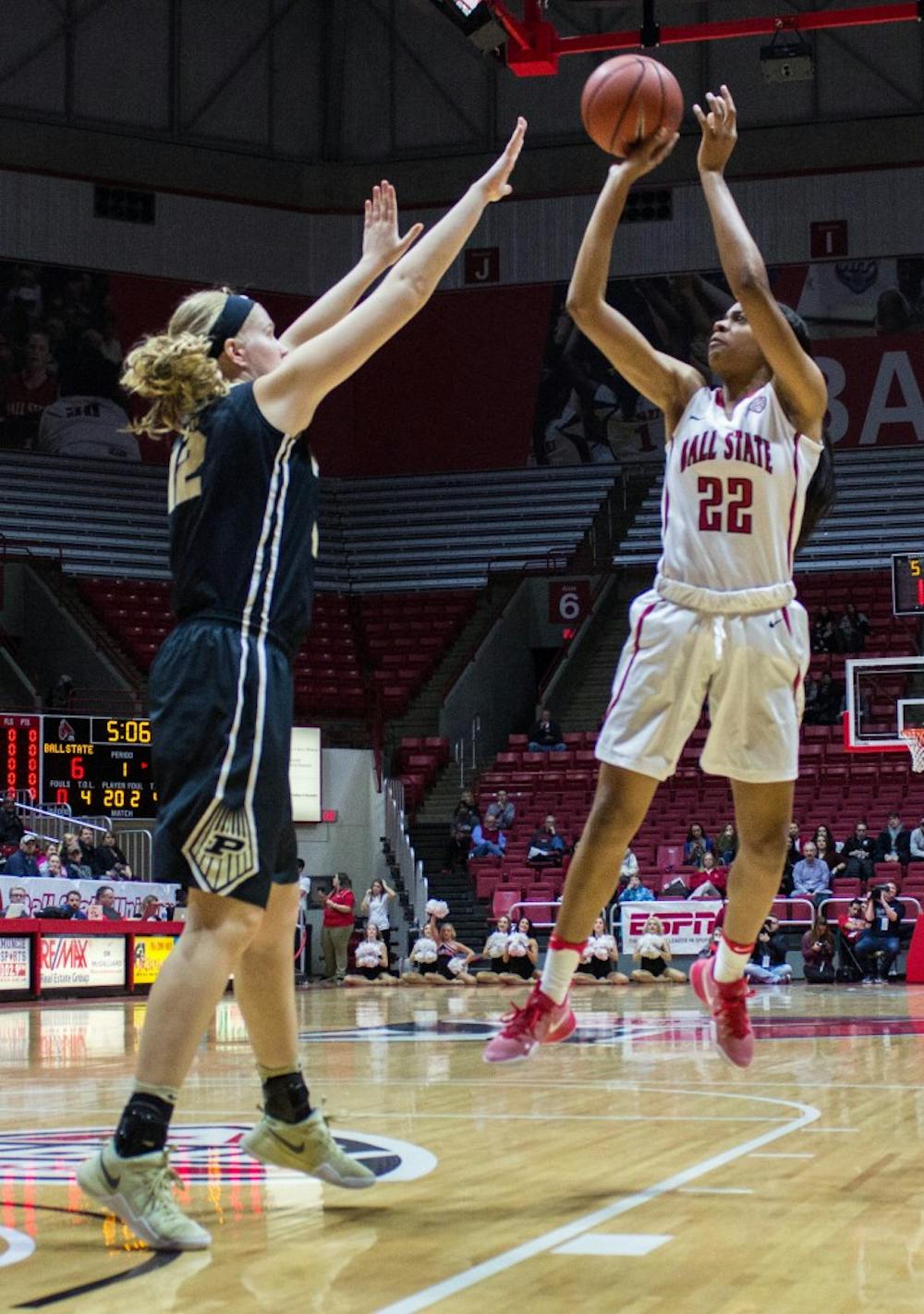 Ball State guard Destiny Washington attempts to shoot a layup in the game against Purdue on Dec. 8 in Worthen Arena. The Cardinals lost 58-42. Grace Ramey // DN