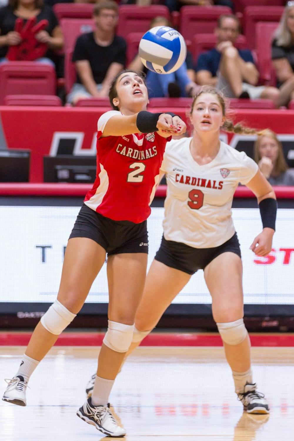 Freshman Defensive Specialist Kate Avila bumps the ball to a fellow teammate at the game against Valparaiso on Sept. 16 at John E. Worthen Arena. Kyle Crawford // DN