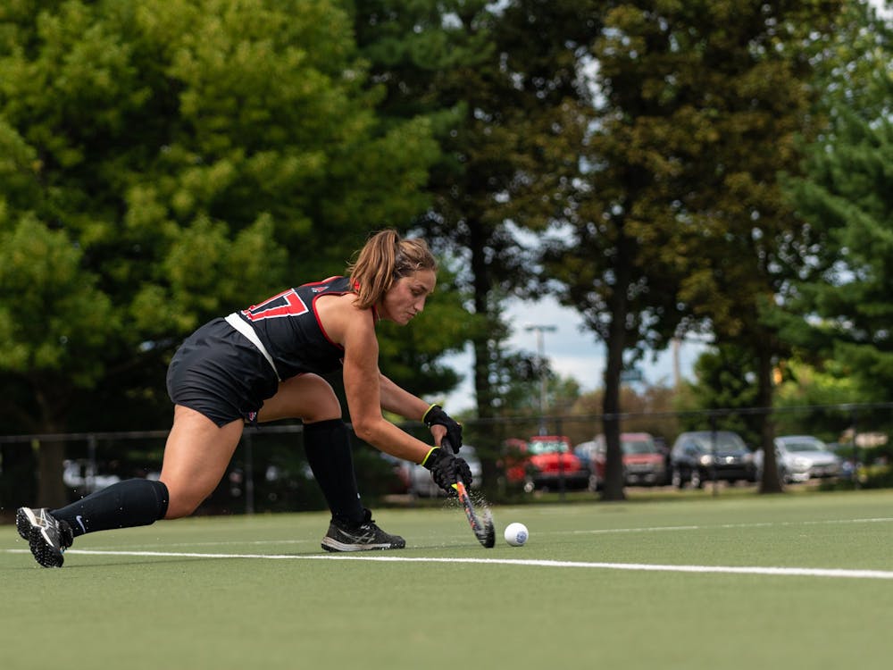 Junior Michaela Graney passes the ball inbounds in Ball State's Field Hockey match against Saint Francis University Aug. 26 at Briner Sports Complex. The Cardinals won 2-1 over Saint Francis in their season opener. Eli Houser, DN