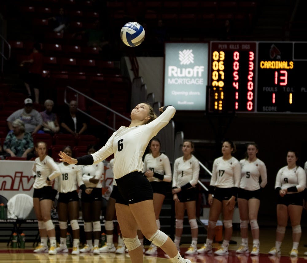 Freshman defensive specialist, Maggie Huber (6), serves the ball during the second set during their match against Austin Peay on September 20, 2019, at Worthen Arena. Ball State went on to win 3-0. Jaden Whiteman, DN
