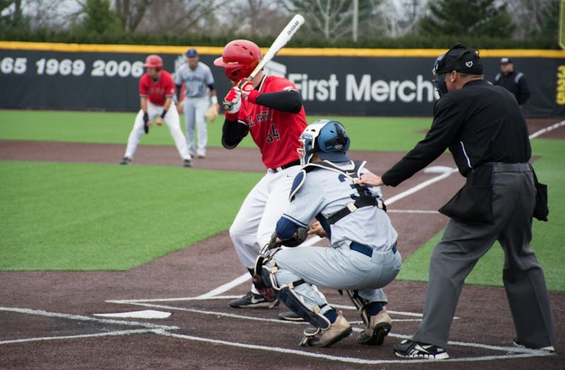 Senior catcher Caleb Stayton waits for the pitch at the game against Butler on March 28 at Ball Diamond in First Merchants Ballpark Complex. Stayton had one run batted in. Kaiti Sullivan // DN