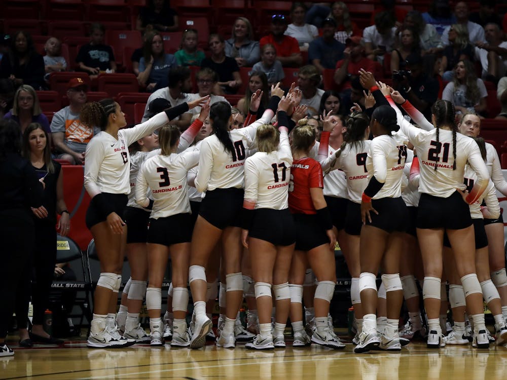 The Ball State Women's Volleyball team huddles up during a time out in a game against Alabama at Worthen Arena Sept. 9. Ball State beat Alabama 3-1. Amber Pietz, DN