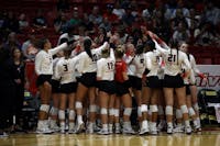The Ball State Women's Volleyball team huddles up during a time out in a game against Alabama at Worthen Arena Sept. 9. Ball State beat Alabama 3-1. Amber Pietz, DN