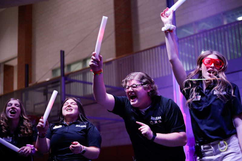 Ball State Dance Marathon board members dance and sing from the stage Feb. 8 at Jo Ann Gora Student Recreation and Wellness Center. Andrew Berger, DN 