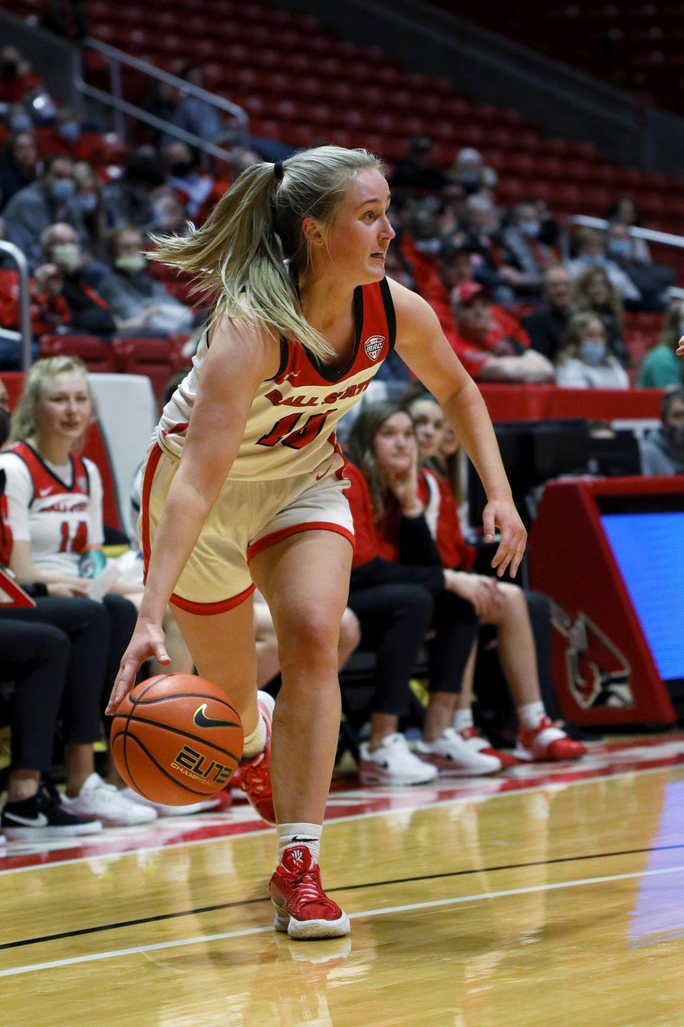 Senior Thelma Dis Agustsdottir dribbles the ball towards the net against Bowling Green on Feb. 5, 2022, at Worthen Arena in Muncie, IN. Dis Agustsdottir scored 10 points during the game. Amber Pietz, DN