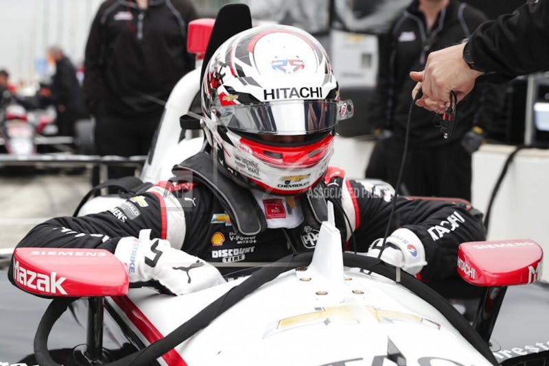 The Advanced Frontal Protection device is shown directly in front of IndyCar driver Josef Newgarden as climbs into his car during auto racing testing at the Indianapolis Motor Speedway in Indianapolis, Wednesday, April 24, 2019. (AP Photo/Michael Conroy)