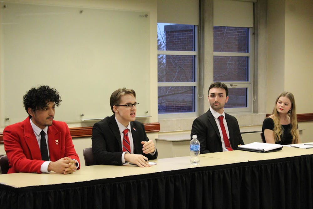 Ball State Student Government Association (SGA) tickets, Elevate and Adams and Angel, debate their ticket’s platform points. The presidential debate will be Feb. 13 and the vice presidential debate is Feb. 15. Meghan Braddy, DN
