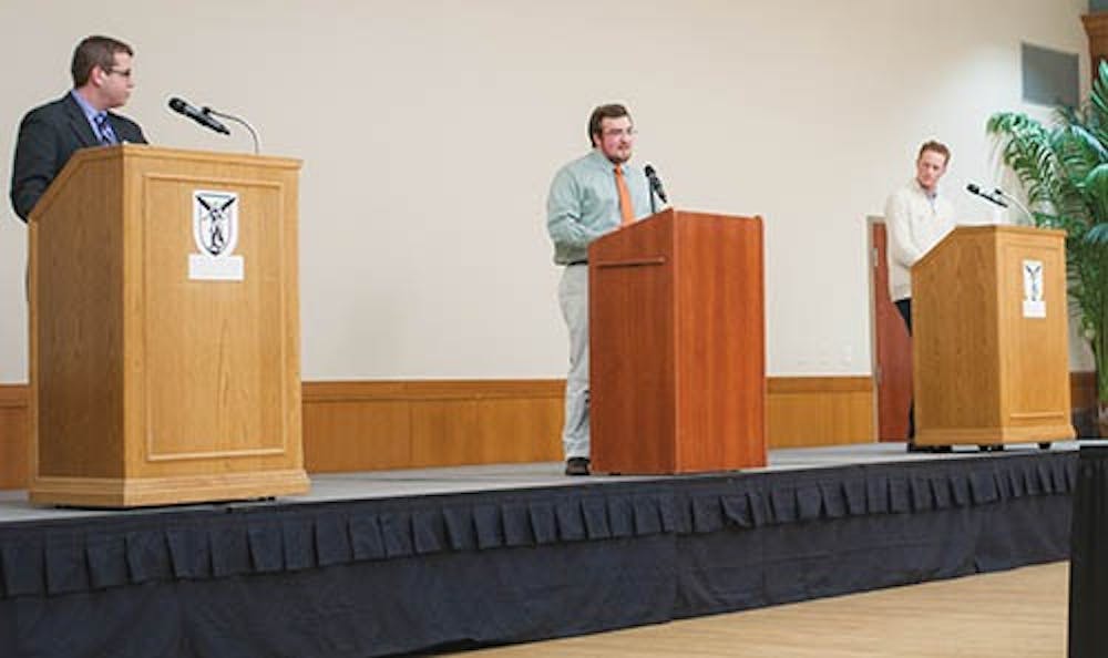 The SGA slate presidents discuss issues during the SGA Presidential Debate last Thursday. The full slate debate will be at 8 p.m. tonight in Pruis Hall. DN PHOTO JONATHAN MIKSANEK