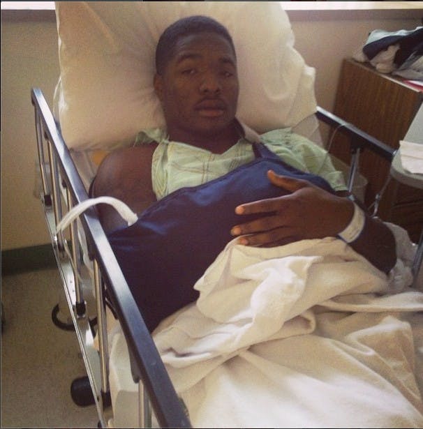 Eric Patterson, a senior cornerback, posted this photo on Instagram with the caption, "Surgery went great I'll be back n no time! Thanks to everyone who supported me thru this tough time.. Lift will be back #NFL2015 watch out." Patterson broke his arm during the game against Northern Illinois on Nov. 5 at Scheumann Stadium. PHOTO COURTESY OF INSTAGRAM