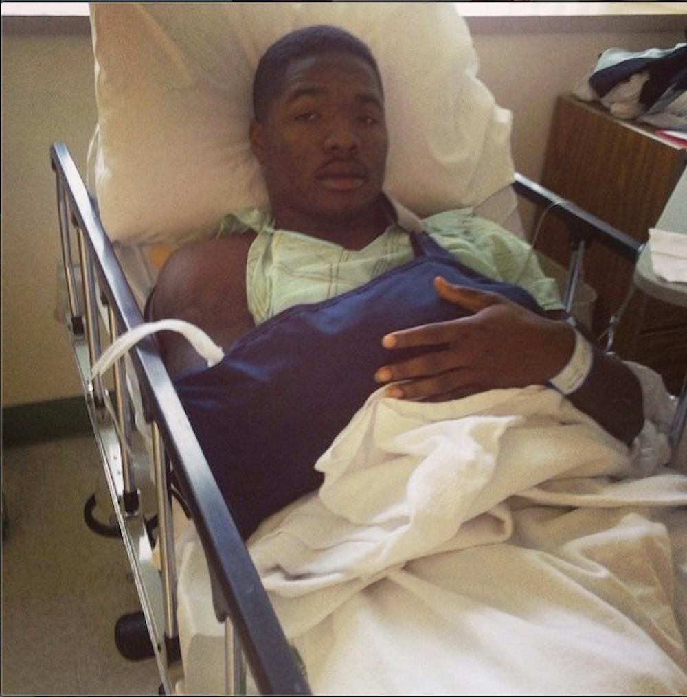 <p><strong>Eric Patterson</strong>, a senior cornerback, posted this photo on Instagram with the caption, "Surgery went great I'll be back n no time! Thanks to everyone who supported me thru this tough time.. Lift will be back #NFL2015 watch out." Patterson broke his arm during the game against Northern Illinois on Nov. 5 at Scheumann Stadium. <em>PHOTO COURTESY OF INSTAGRAM</em></p>