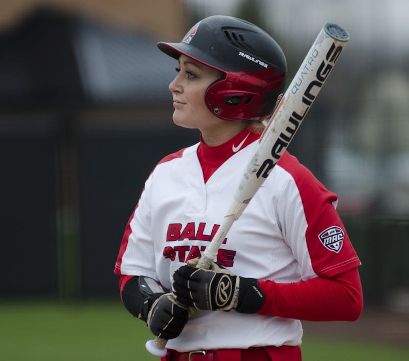 Junior outfielder Cadie O'Donnell prepares for her turn at bat during the second game of the double-header against Northern Illinois on April 4 at the Softball Field at the First Merchants Ballpark Complex. Ball State won the game 6-4. Emma Rogers // DN